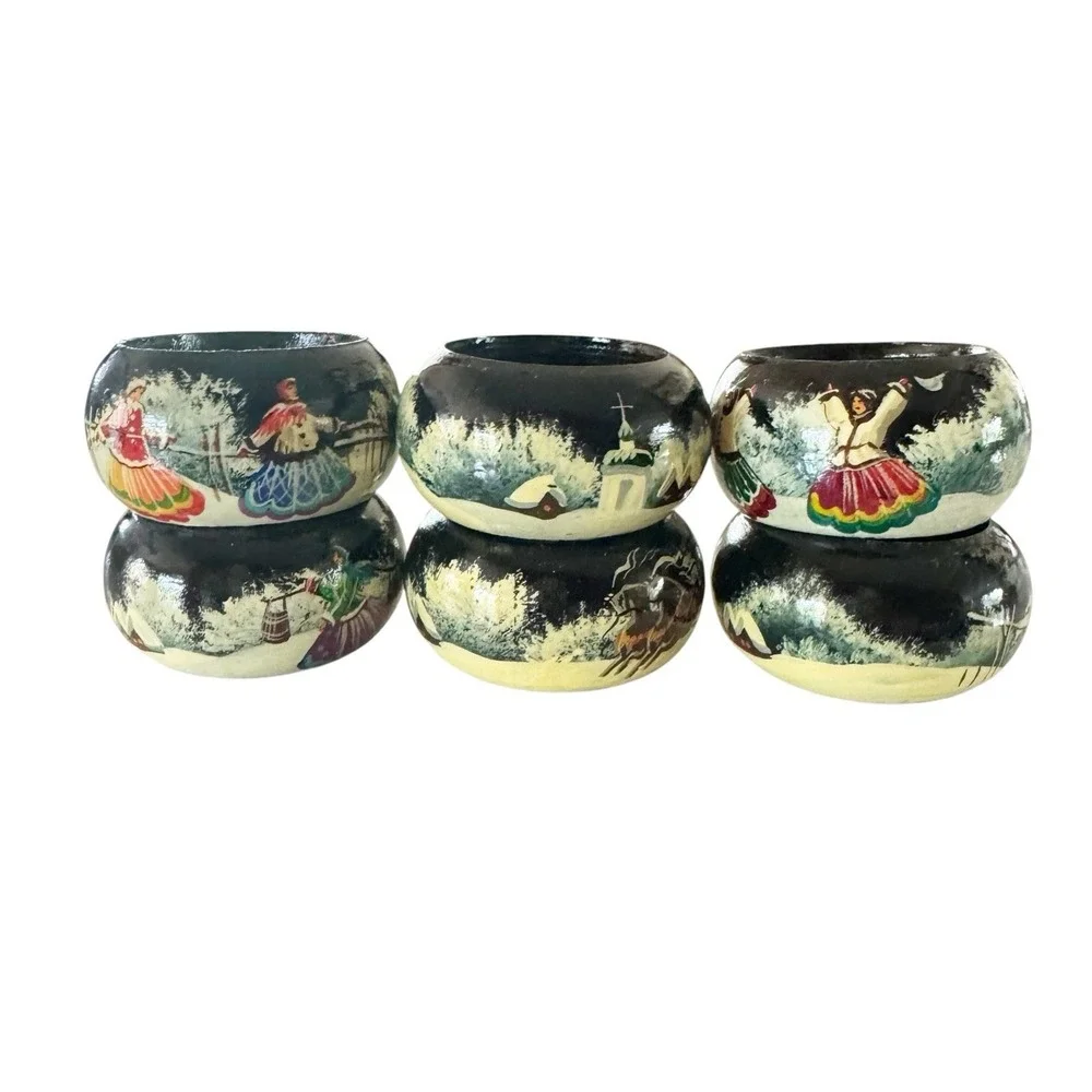 6 Vintage Handpainted Russian Napkin Holders Winter Scene Holiday Christmas